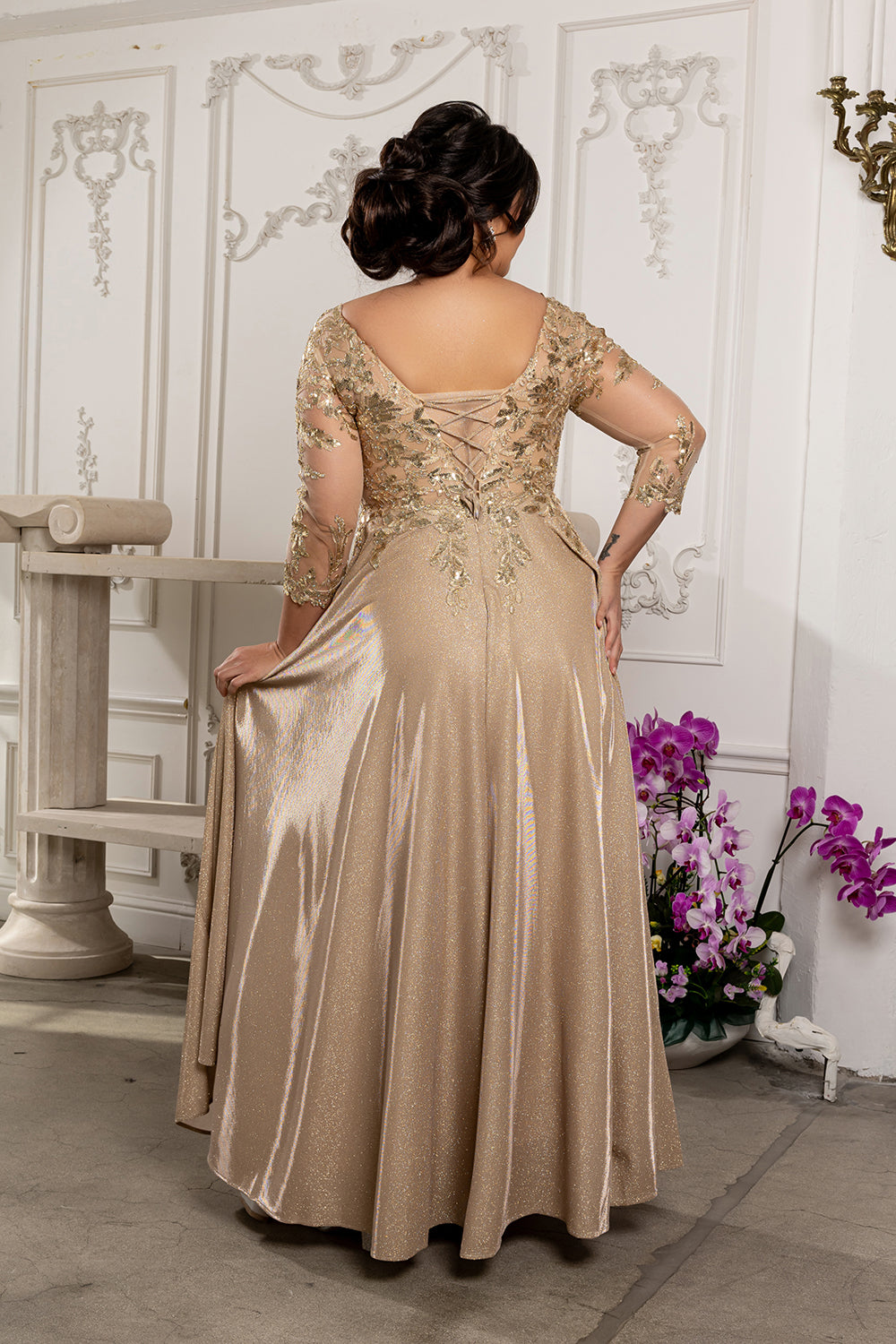 Sequin Floral A-Line Gown with Illusion 3/4 Sleeves Metallic Glitter Dress by May Queen MQ2226
