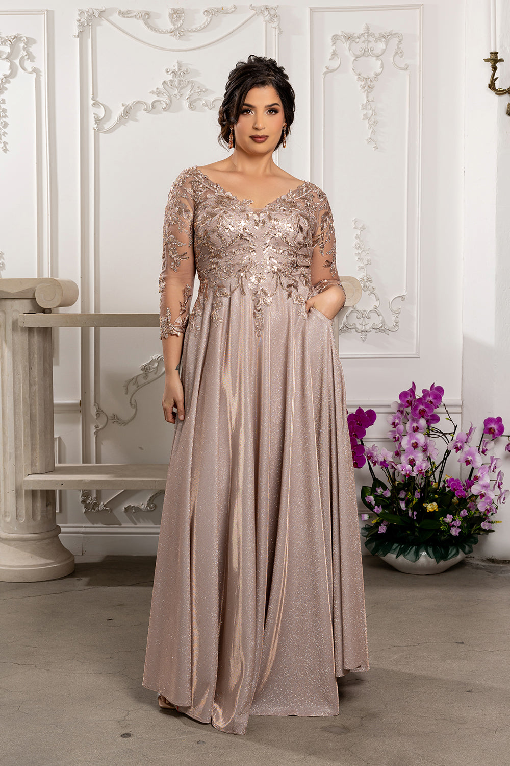 Sequin Floral A-Line Gown with Illusion 3/4 Sleeves Metallic Glitter Dress by May Queen MQ2226
