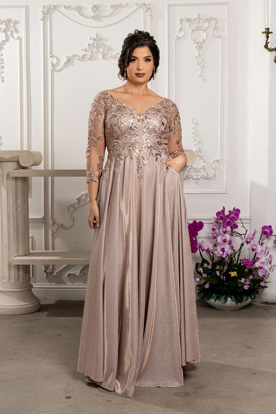 Sequin Floral A-Line Gown with Illusion 3/4 Sleeves Metallic Glitter Dress by May Queen MQ2226