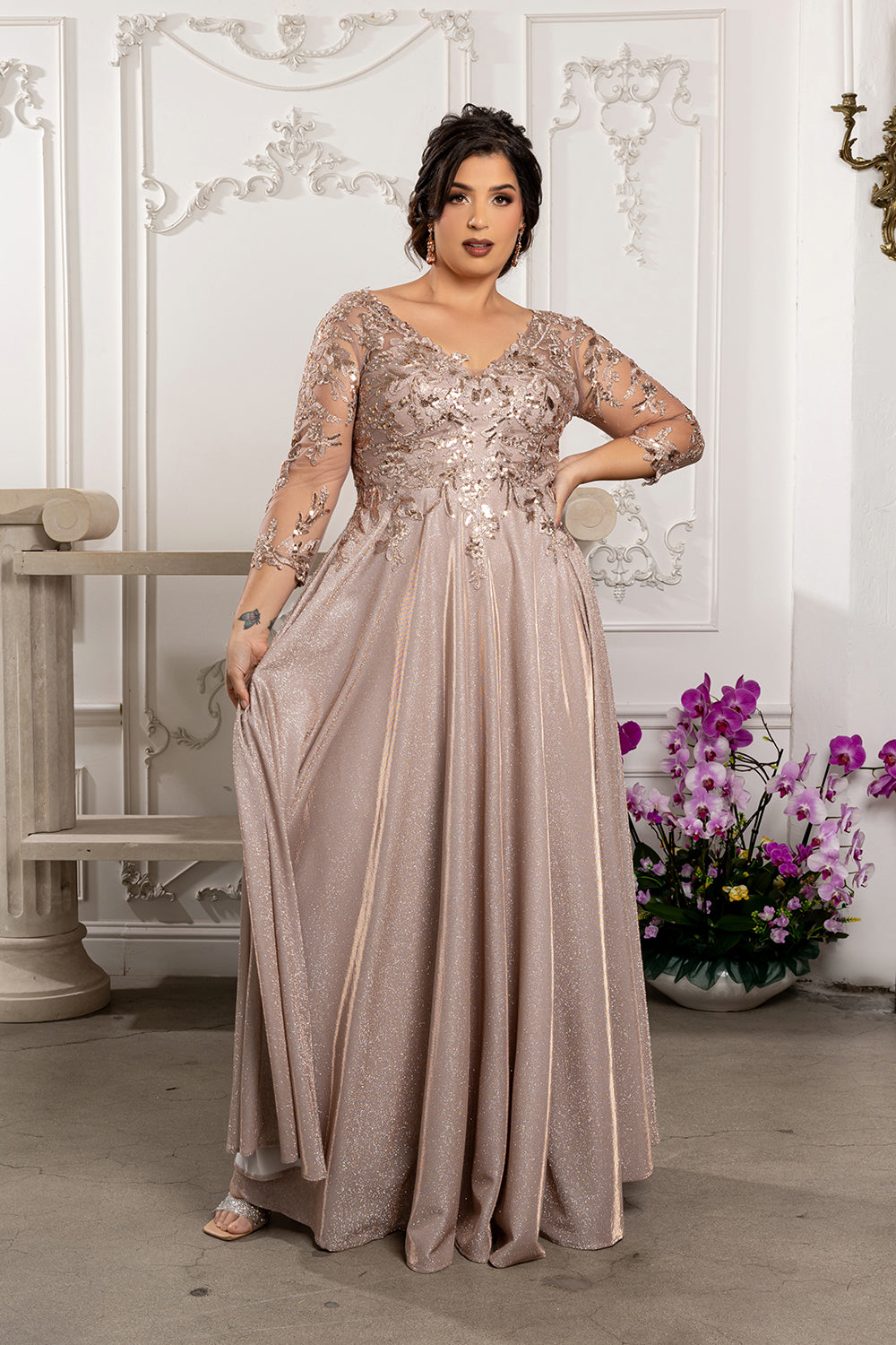 Sequin Floral A-Line Gown with Illusion 3/4 Sleeves Metallic Glitter Dress by May Queen MQ2226