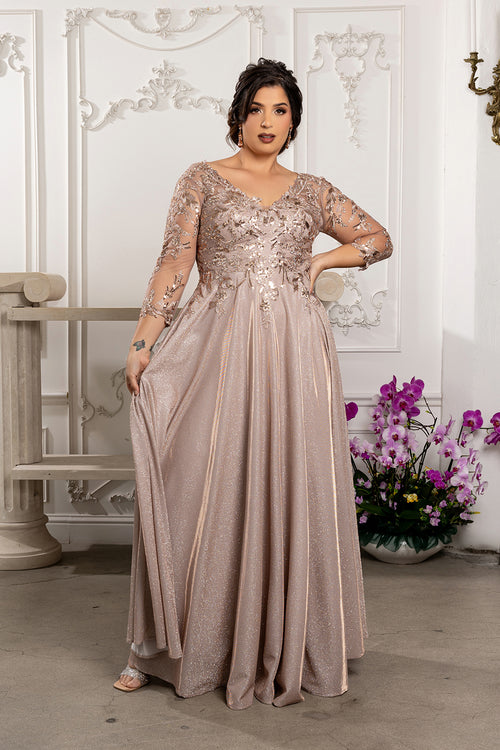 Sequin Floral A-Line Gown with Illusion 3/4 Sleeves Metallic Glitter Dress by May Queen MQ2226