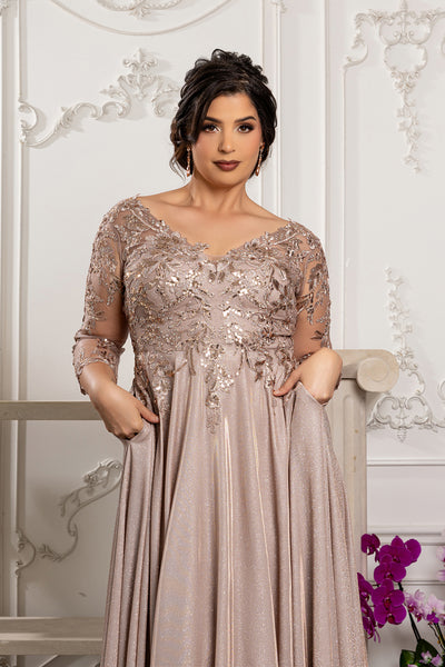 Sequin Floral A-Line Gown with Illusion 3/4 Sleeves Metallic Glitter Dress by May Queen MQ2226