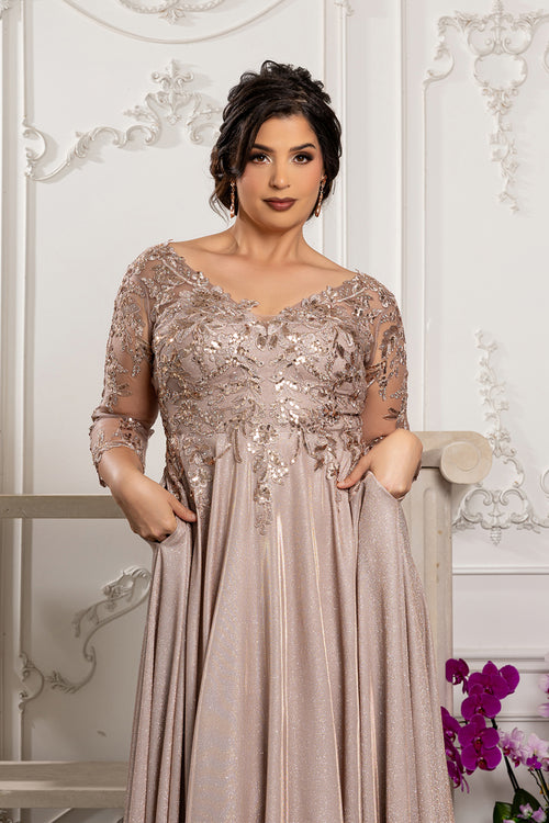 Sequin Floral A-Line Gown with Illusion 3/4 Sleeves Metallic Glitter Dress by May Queen MQ2226