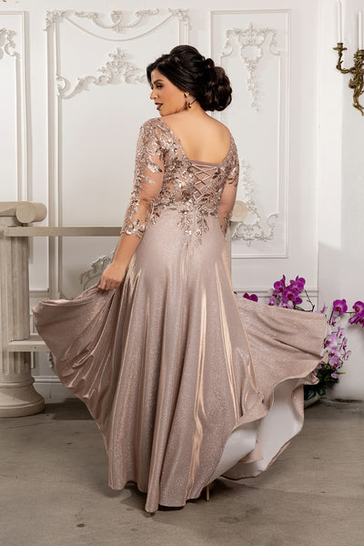 Sequin Floral A-Line Gown with Illusion 3/4 Sleeves Metallic Glitter Dress by May Queen MQ2226