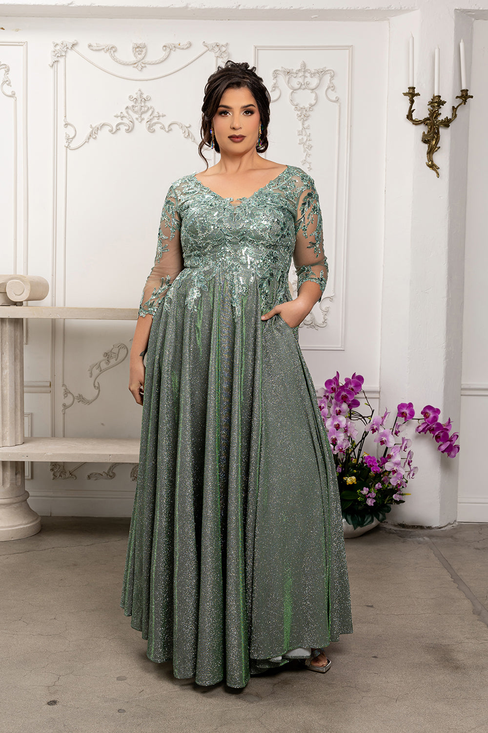 Sequin Floral A-Line Gown with Illusion 3/4 Sleeves Metallic Glitter Dress by May Queen MQ2226