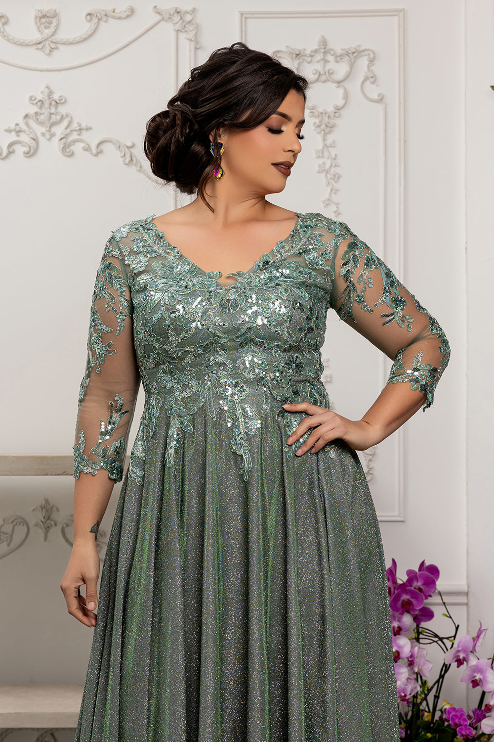 Sequin Floral A-Line Gown with Illusion 3/4 Sleeves Metallic Glitter Dress by May Queen MQ2226