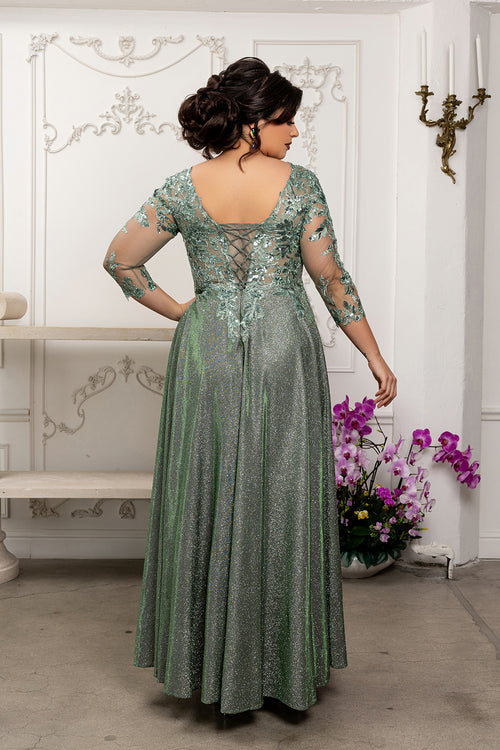 Sequin Floral A-Line Gown with Illusion 3/4 Sleeves Metallic Glitter Dress by May Queen MQ2226