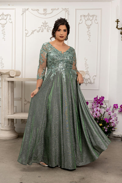 Sequin Floral A-Line Gown with Illusion 3/4 Sleeves Metallic Glitter Dress by May Queen MQ2226