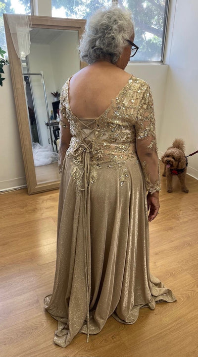 Sequin Floral A-Line Gown with Illusion 3/4 Sleeves Metallic Glitter Dress by May Queen MQ2226
