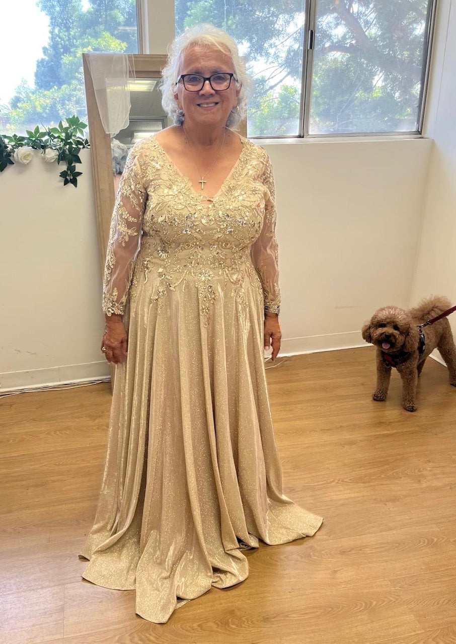 Sequin Floral A-Line Gown with Illusion 3/4 Sleeves Metallic Glitter Dress by May Queen MQ2226