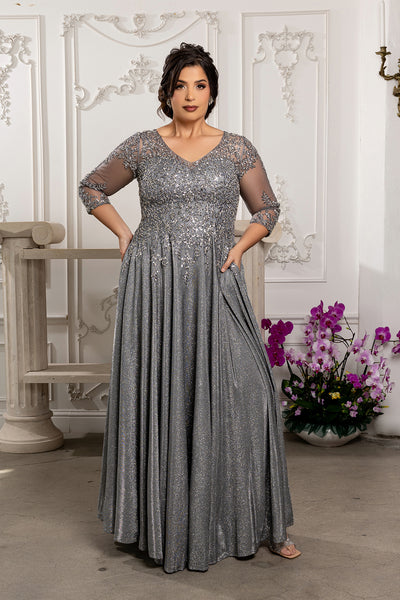 3/4 Illusion Sleeve Beaded Sequin Lace Bodice Glitter Mother of the Bride Gown by May Queen MQ2227