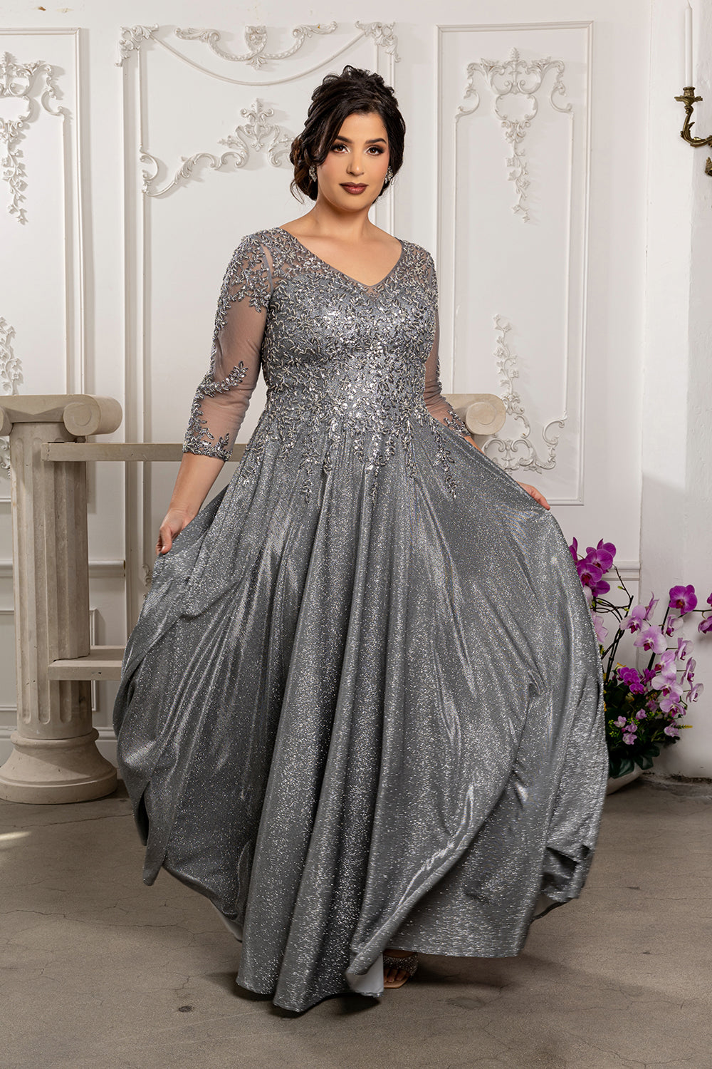 3/4 Illusion Sleeve Beaded Sequin Lace Bodice Glitter Mother of the Bride Gown by May Queen MQ2227