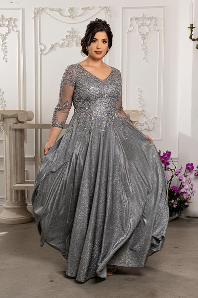 3/4 Illusion Sleeve Beaded Sequin Lace Bodice Glitter Mother of the Bride Gown by May Queen MQ2227