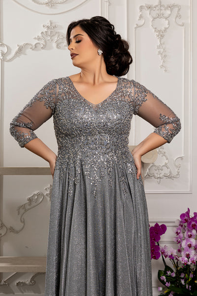 3/4 Illusion Sleeve Beaded Sequin Lace Bodice Glitter Mother of the Bride Gown by May Queen MQ2227