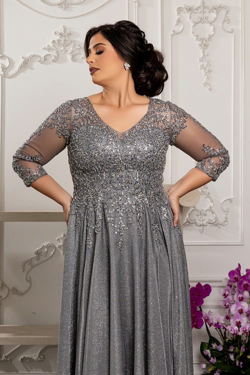 3/4 Illusion Sleeve Beaded Sequin Lace Bodice Glitter Mother of the Bride Gown by May Queen MQ2227
