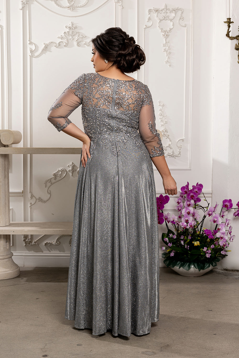 3/4 Illusion Sleeve Beaded Sequin Lace Bodice Glitter Mother of the Bride Gown by May Queen MQ2227