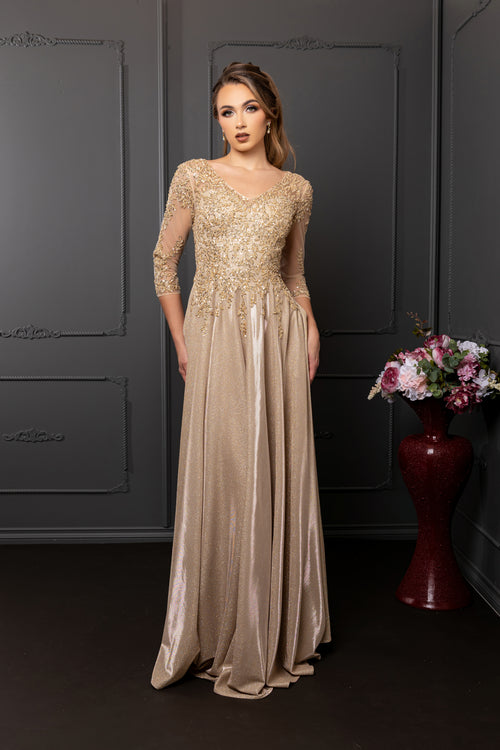3/4 Illusion Sleeve Beaded Sequin Lace Bodice Glitter Mother of the Bride Gown by May Queen MQ2227
