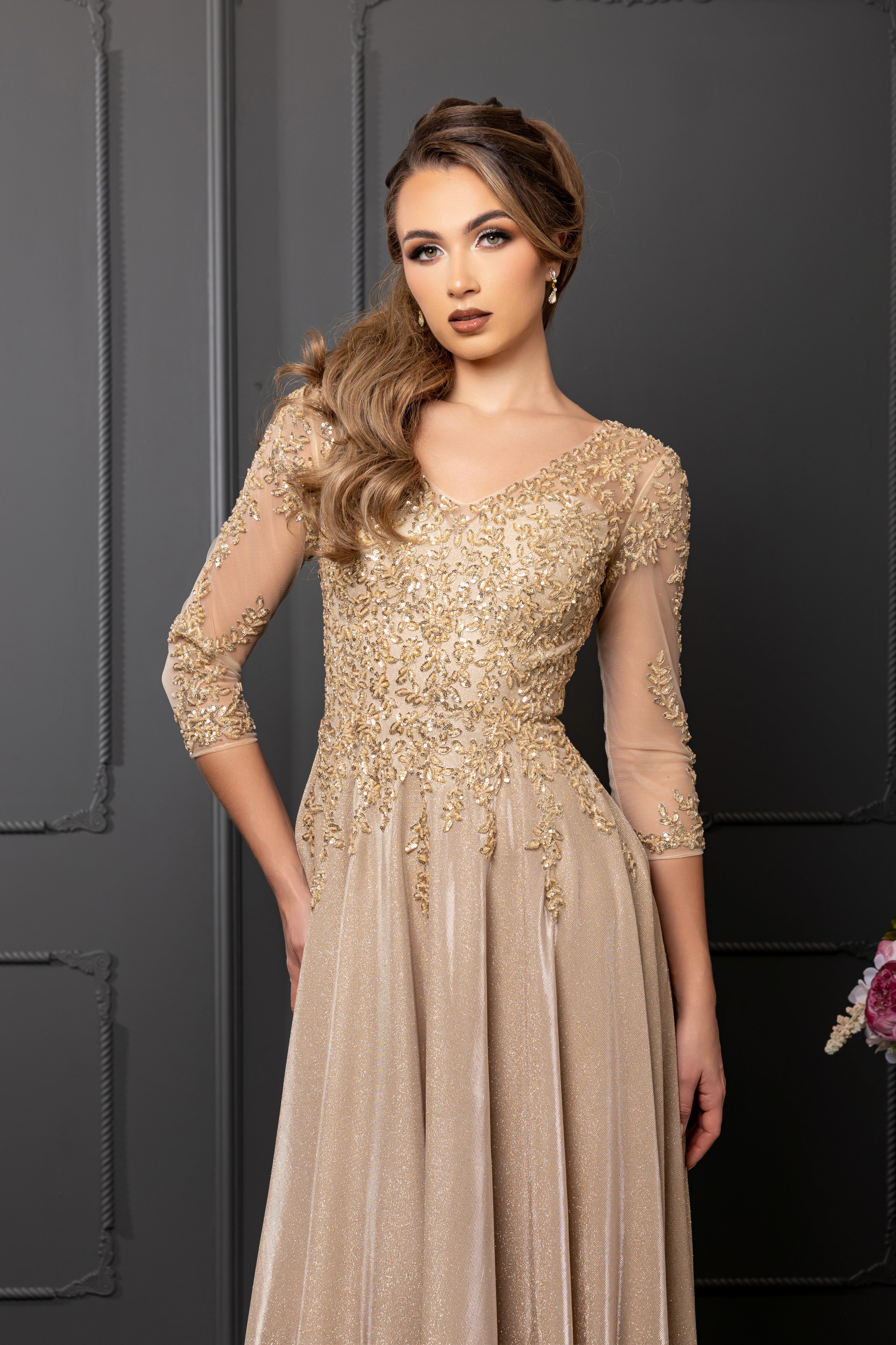 3/4 Illusion Sleeve Beaded Sequin Lace Bodice Glitter Mother of the Bride Gown by May Queen MQ2227