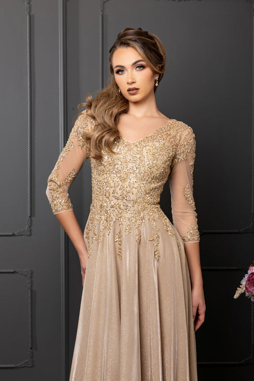 3/4 Illusion Sleeve Beaded Sequin Lace Bodice Glitter Mother of the Bride Gown by May Queen MQ2227