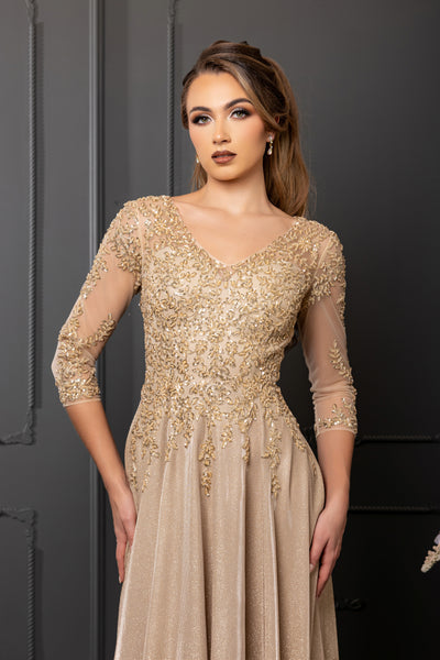 3/4 Illusion Sleeve Beaded Sequin Lace Bodice Glitter Mother of the Bride Gown by May Queen MQ2227