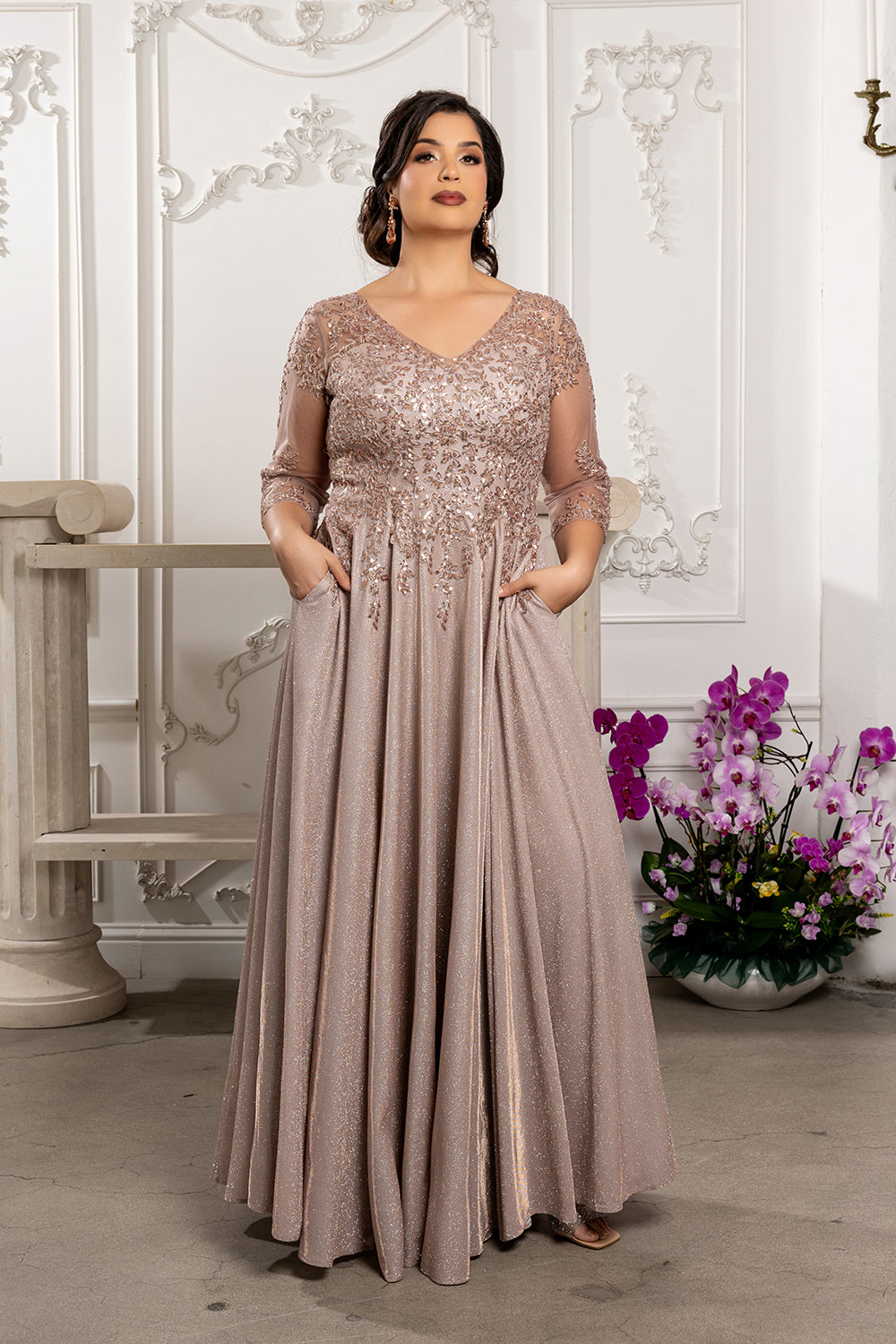 3/4 Illusion Sleeve Beaded Sequin Lace Bodice Glitter Mother of the Bride Gown by May Queen MQ2227