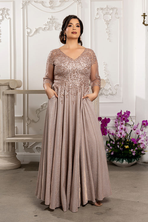 3/4 Illusion Sleeve Beaded Sequin Lace Bodice Glitter Mother of the Bride Gown by May Queen MQ2227