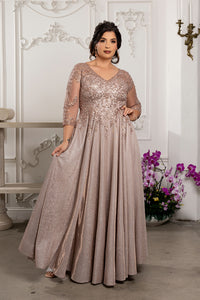 May Queen ROSEGOLD Glitter Knit Skirt with Beaded Sequin Illusion Mesh Bodice A-Line Mother of the Bride Dress