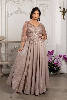 3/4 Illusion Sleeve Beaded Sequin Lace Bodice Glitter Mother of the Bride Gown by May Queen MQ2227