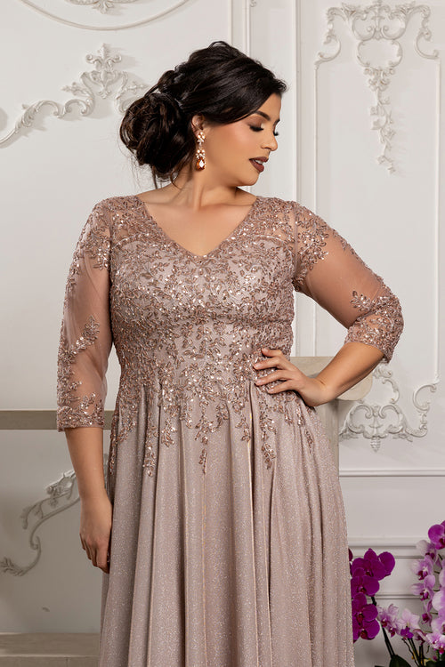 3/4 Illusion Sleeve Beaded Sequin Lace Bodice Glitter Mother of the Bride Gown by May Queen MQ2227