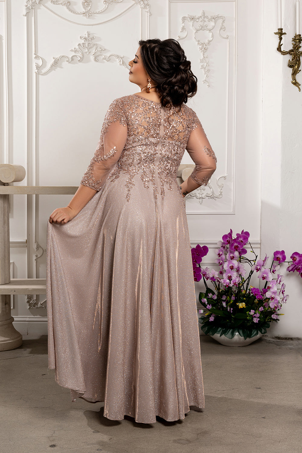 3/4 Illusion Sleeve Beaded Sequin Lace Bodice Glitter Mother of the Bride Gown by May Queen MQ2227