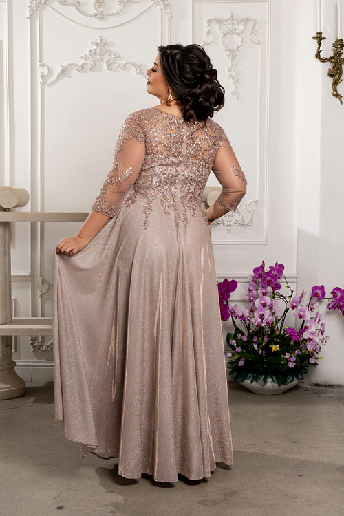 3/4 Illusion Sleeve Beaded Sequin Lace Bodice Glitter Mother of the Bride Gown by May Queen MQ2227