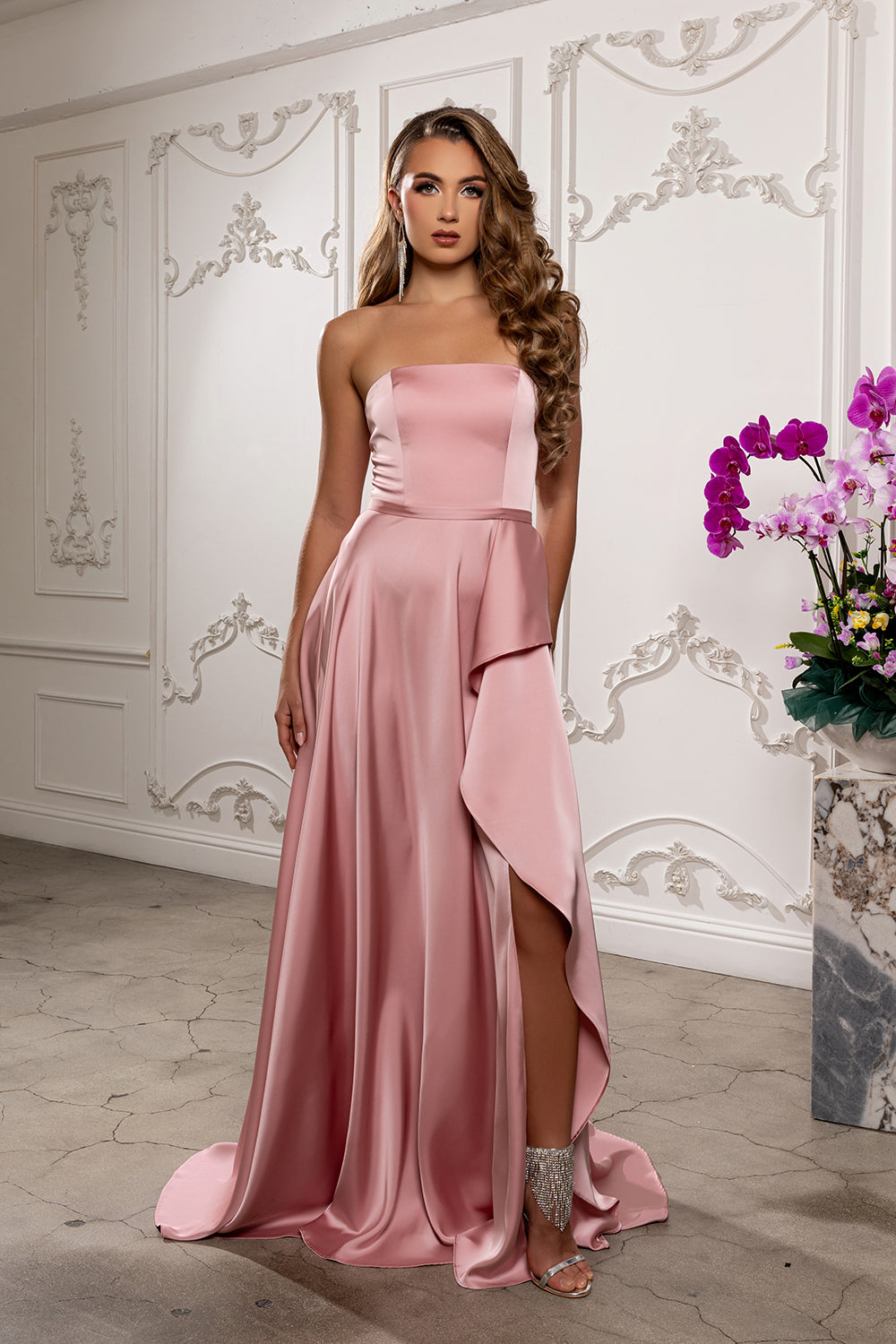 Strapless Satin A-Line Evening Gown with High Slit & Lace-Up Back Prom Dress by May Queen MQ2228
