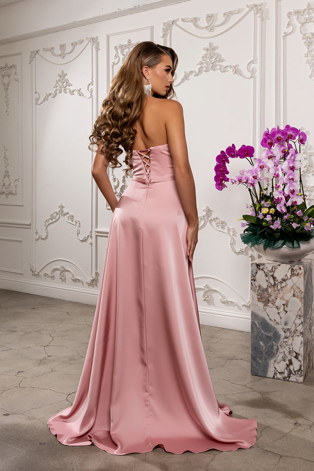 Strapless Satin A-Line Evening Gown with High Slit & Lace-Up Back Prom Dress by May Queen MQ2228