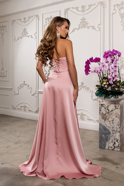 Strapless Satin A-Line Evening Gown with High Slit & Lace-Up Back Prom Dress by May Queen MQ2228