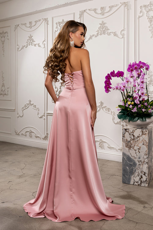 Strapless Satin A-Line Evening Gown with High Slit & Lace-Up Back Prom Dress by May Queen MQ2228
