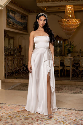 Strapless A-Line Wedding Dress Overlay Lace-Up Back Bridal Gown with Slit by May Queen MQ2228