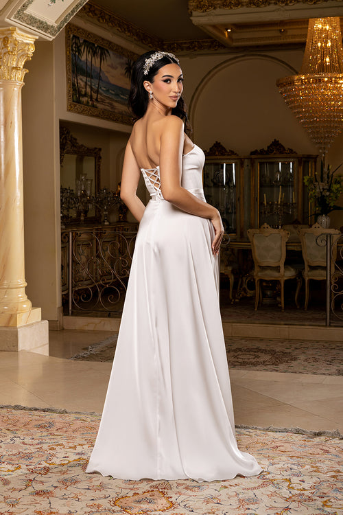 Strapless A-Line Wedding Dress Overlay Lace-Up Back Bridal Gown with Slit by May Queen MQ2228