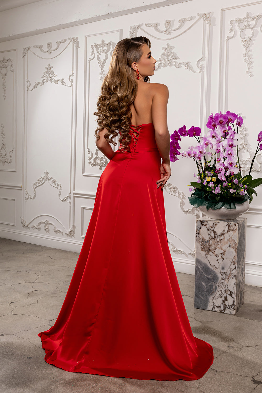 Strapless Satin A-Line Evening Gown with High Slit & Lace-Up Back Prom Dress by May Queen MQ2228