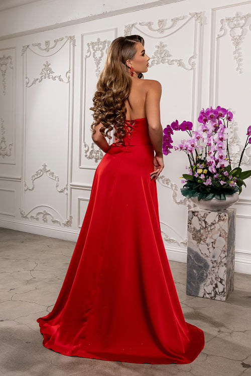 Strapless Satin A-Line Evening Gown with High Slit & Lace-Up Back Prom Dress by May Queen MQ2228