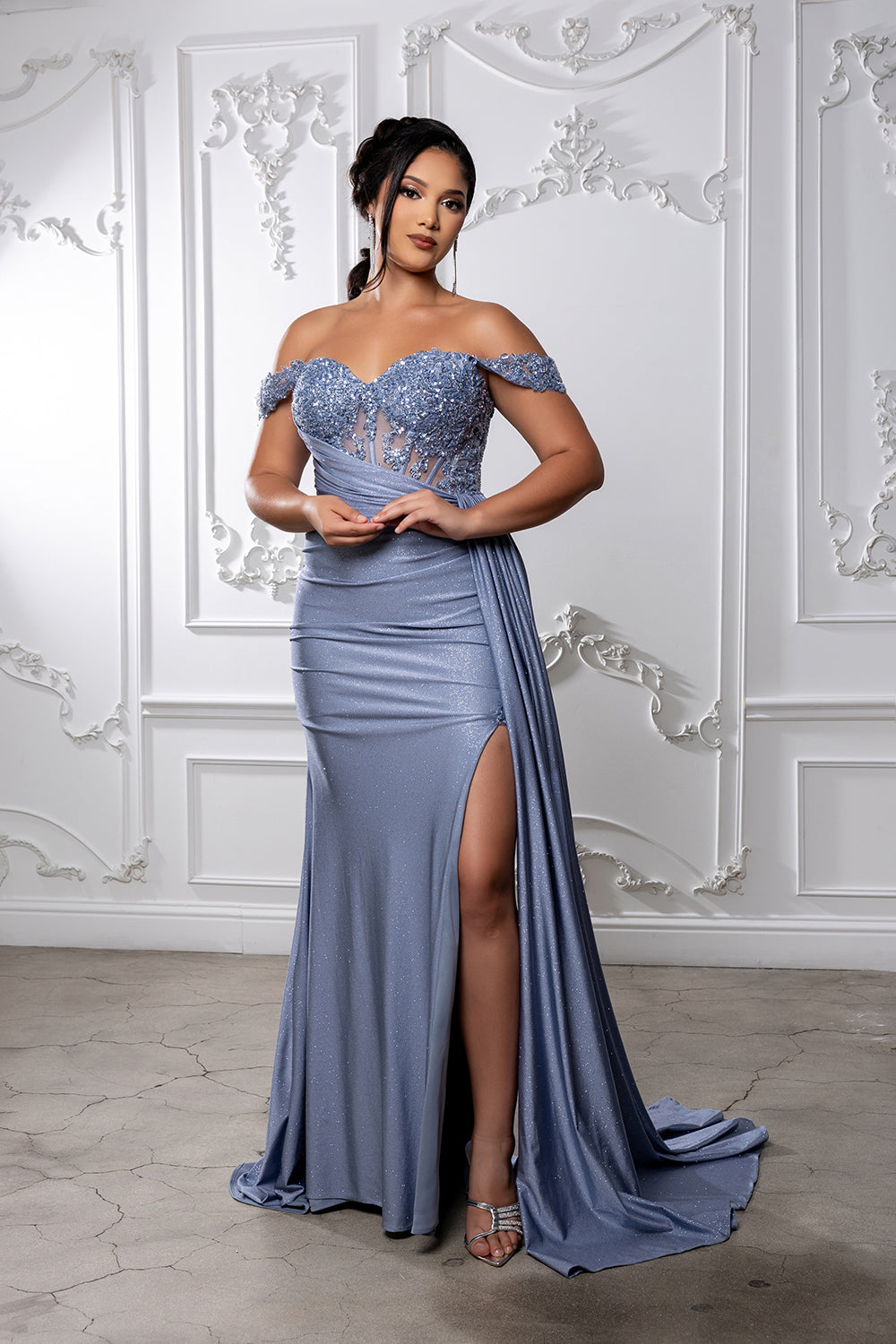 Off-Shoulder Sweetheart Beaded Corset Glitter Sheath High Slit Prom Dress by May Queen MQ2229
