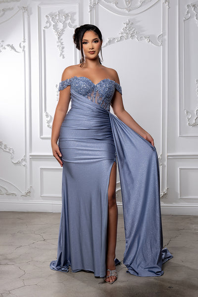 Off-Shoulder Sweetheart Beaded Corset Glitter Sheath High Slit Prom Dress by May Queen MQ2229