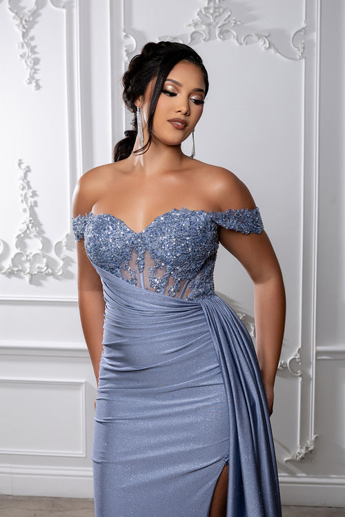 Off-Shoulder Sweetheart Beaded Corset Glitter Sheath High Slit Prom Dress by May Queen MQ2229