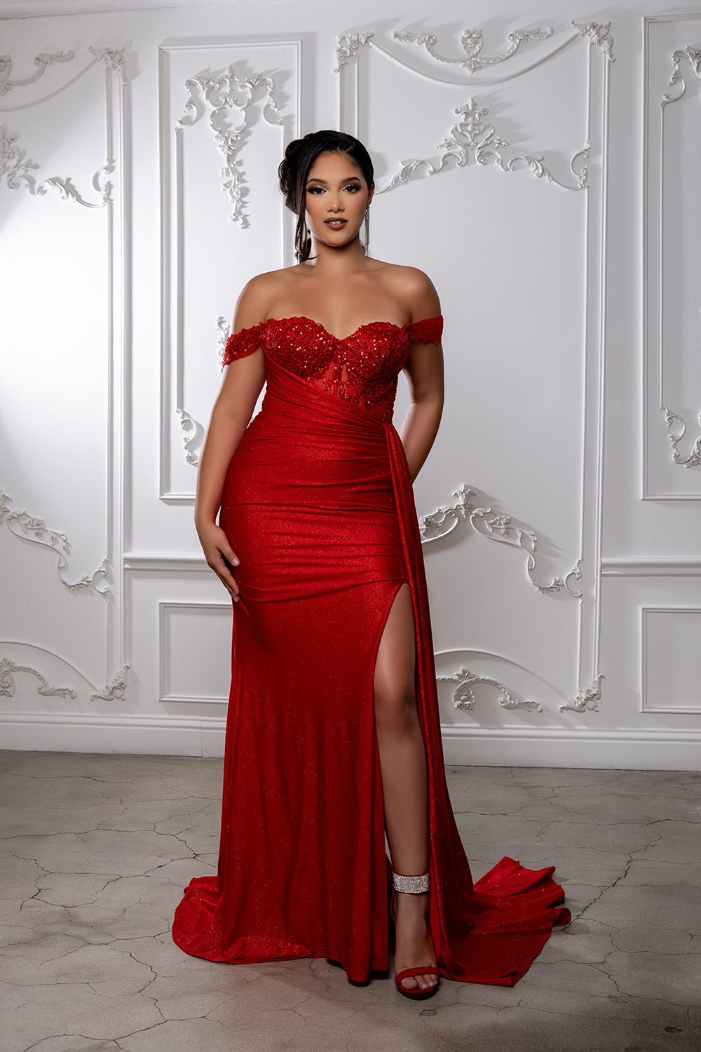 red sparkly off the shoulder dress Off-Shoulder Slit Prom by May Queen MQ2229 Rush Beaded Asymmetrical Halter this dress effortlessly combines Shape:Flat Waxed style:princess