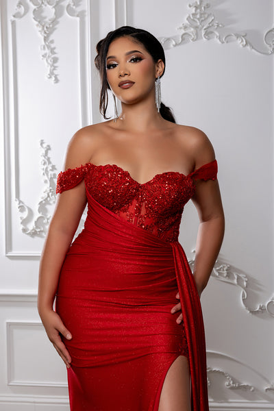 Off-Shoulder Sweetheart Beaded Corset Glitter Sheath High Slit Prom Dress by May Queen MQ2229
