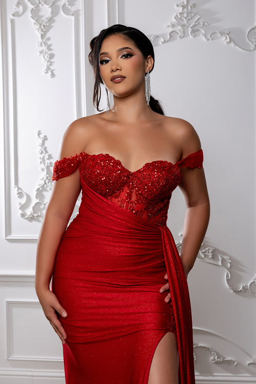 Off-Shoulder Sweetheart Beaded Corset Glitter Sheath High Slit Prom Dress by May Queen MQ2229