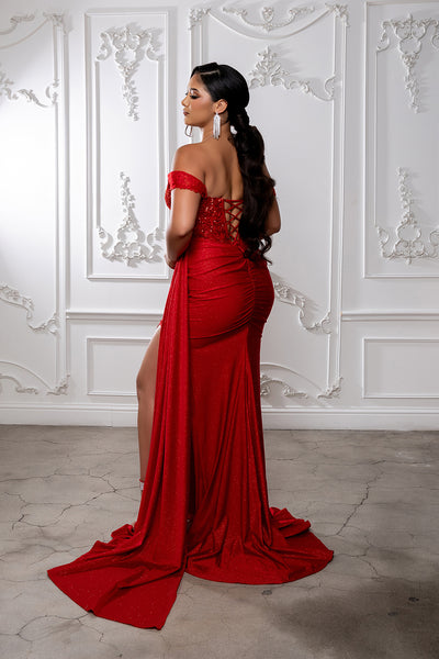 Off-Shoulder Sweetheart Beaded Corset Glitter Sheath High Slit Prom Dress by May Queen MQ2229