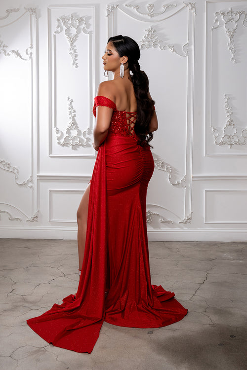 Off-Shoulder Sweetheart Beaded Corset Glitter Sheath High Slit Prom Dress by May Queen MQ2229