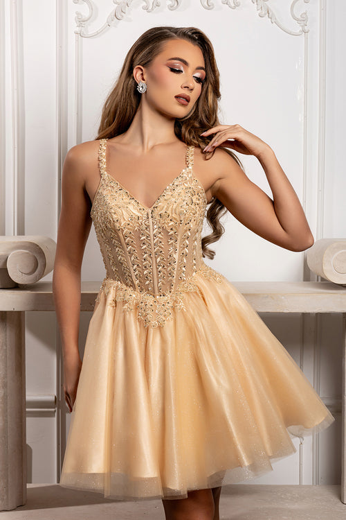 Beaded Floral Embroidered Illusion Corset Glitter Tulle Flared Short Dress by May Queen MQ2231