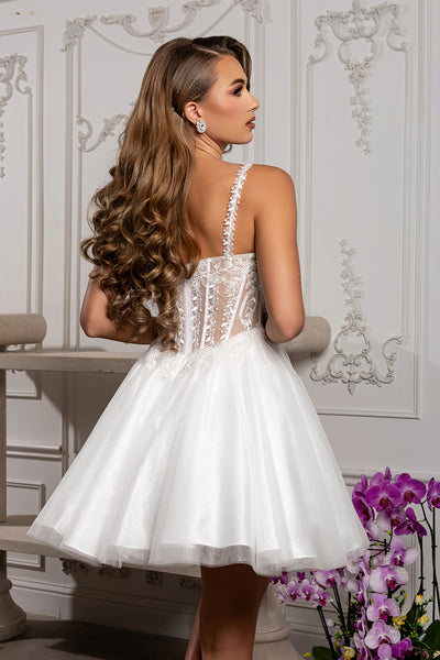 Beaded Floral Embroidered Illusion Corset Glitter Tulle Flared Short Dress by May Queen MQ2231