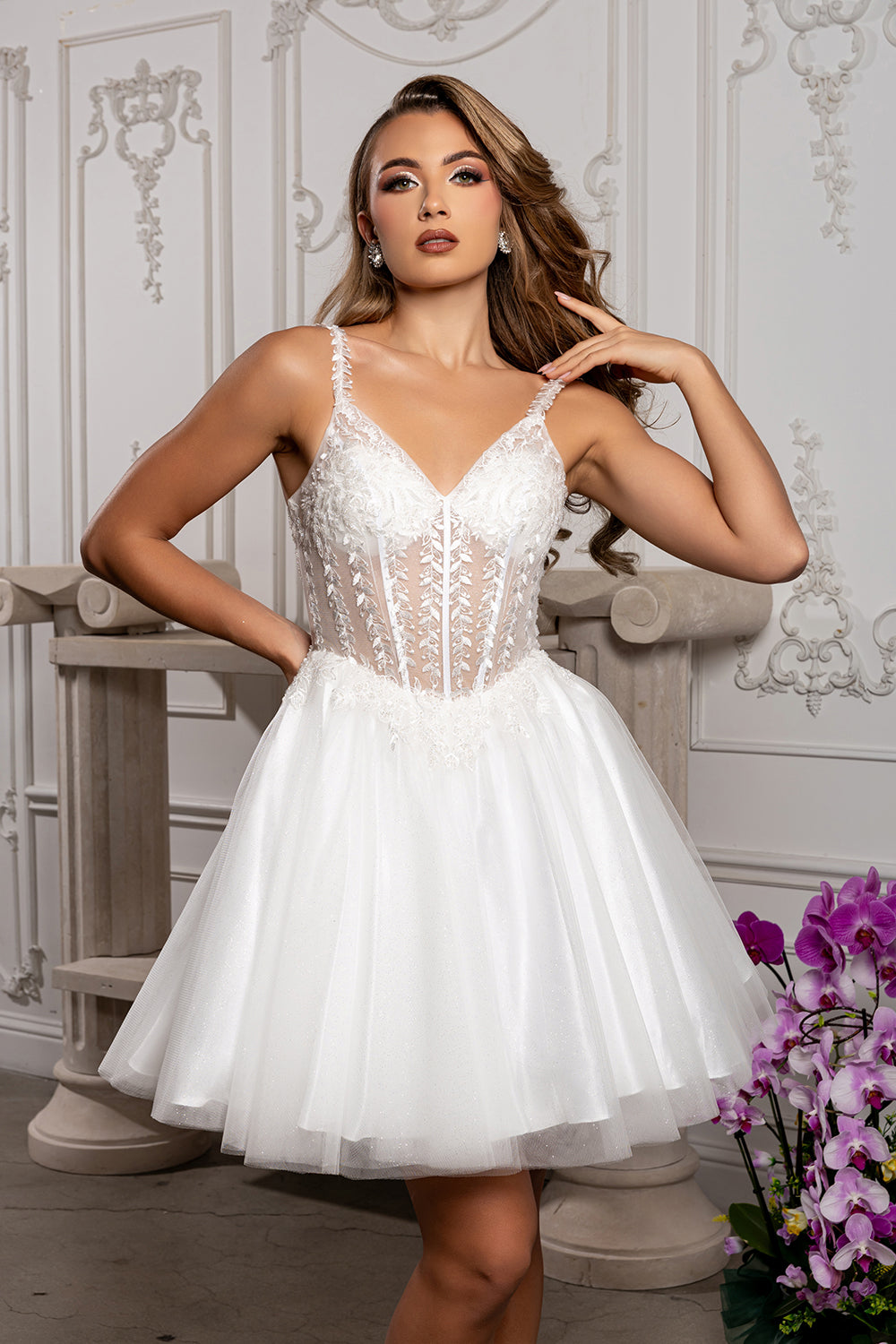 Beaded Floral Embroidered Illusion Corset Glitter Tulle Flared Short Dress by May Queen MQ2231